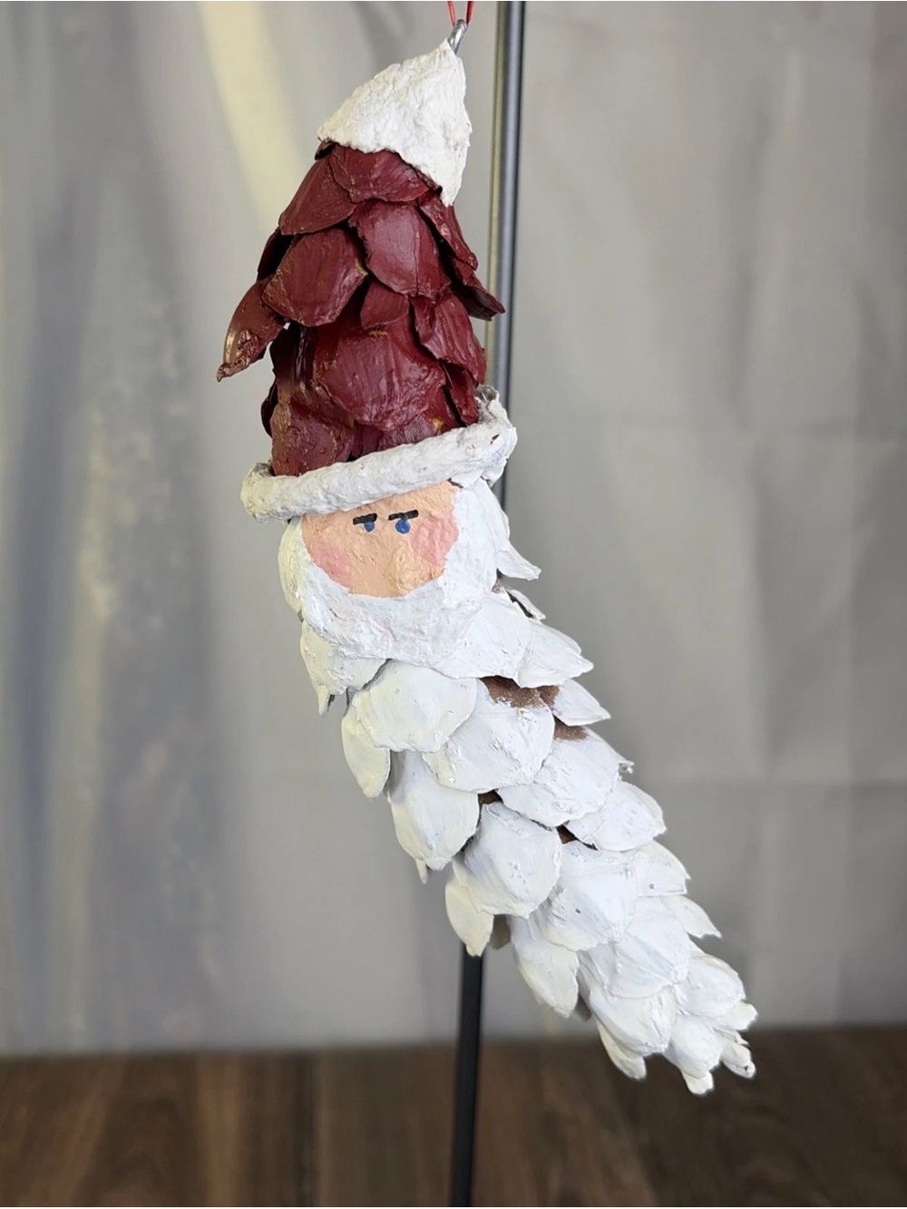 Vintage 8" Hand Painted Pine Cone Santa Christmas Ornament Unique Art